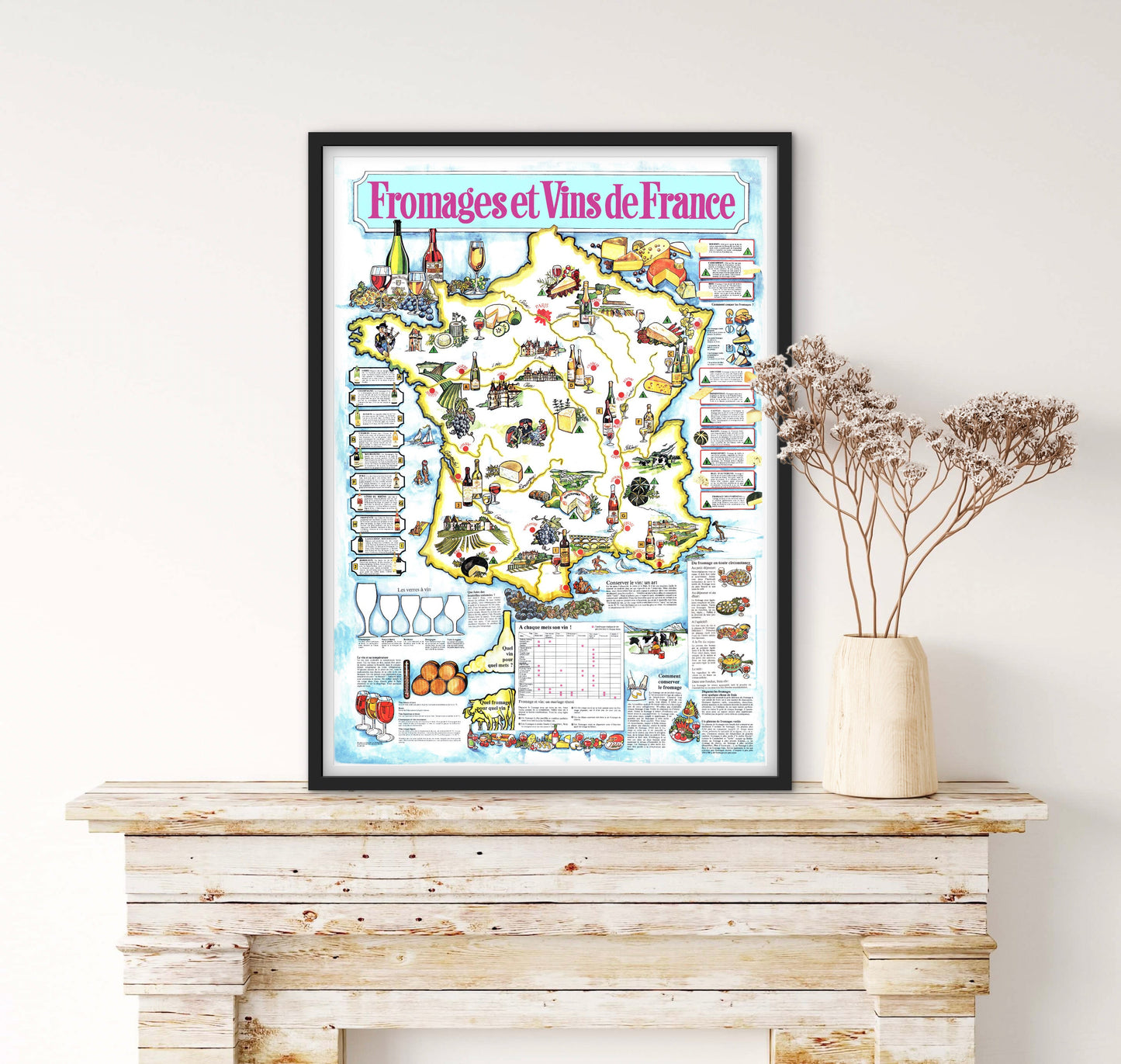 Affiche Fromages et vins de France carte de la France affichevintagefrance