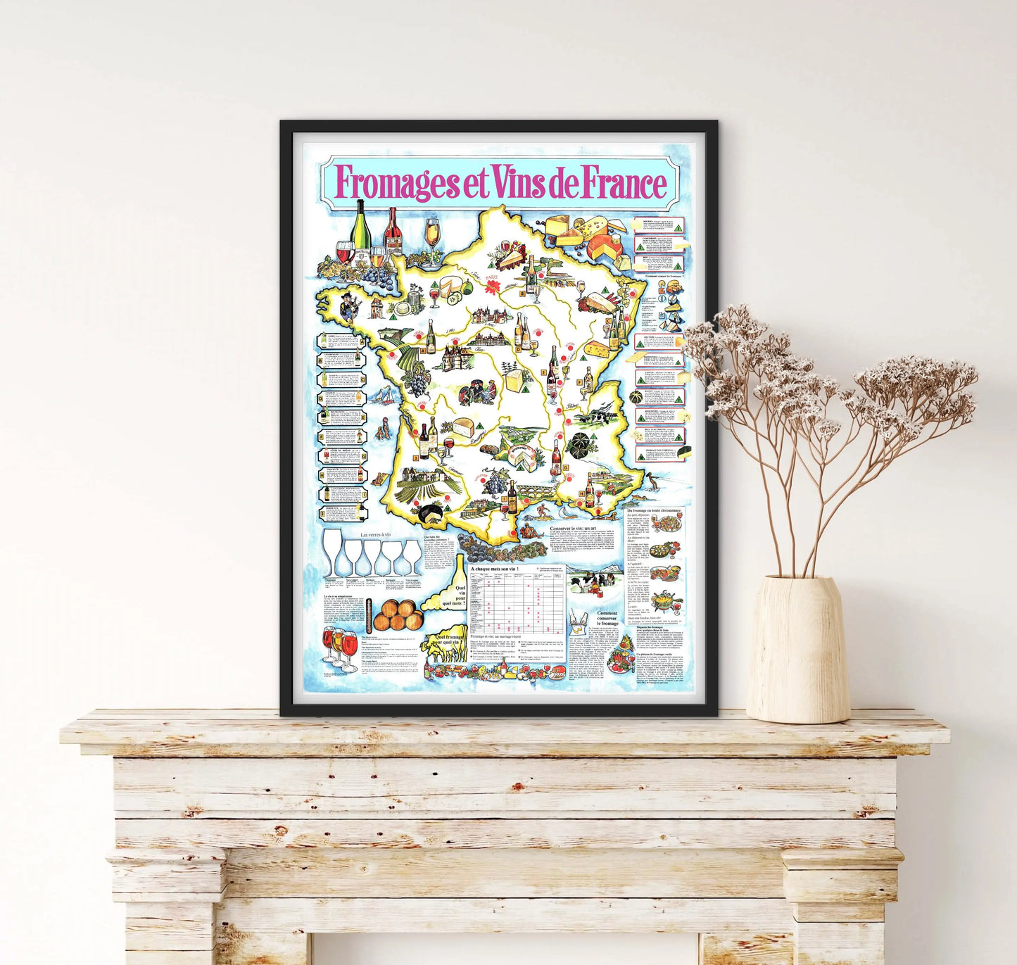 Affiche Fromages et vins de France carte de la France affichevintagefrance