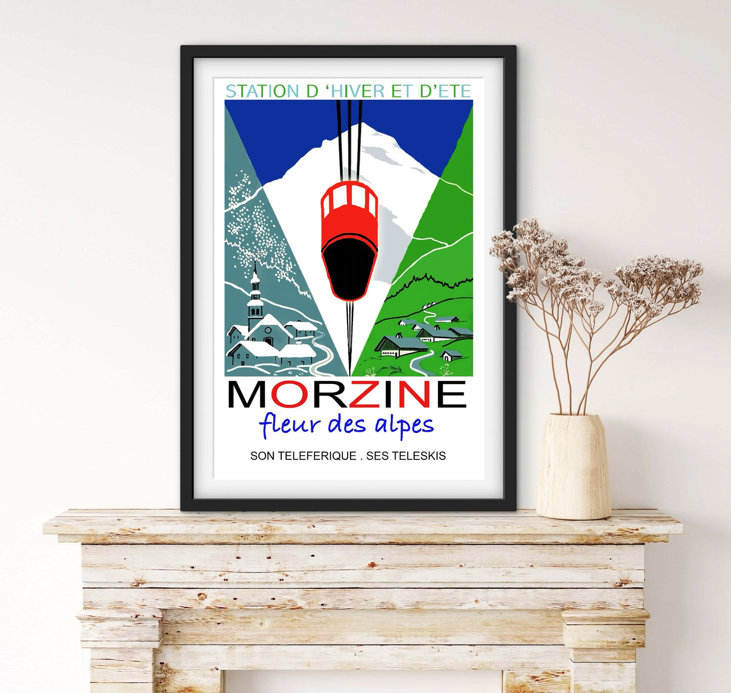 Affiche Morzine station Ski fleur des Alpes téléphérique affichevintagefrance