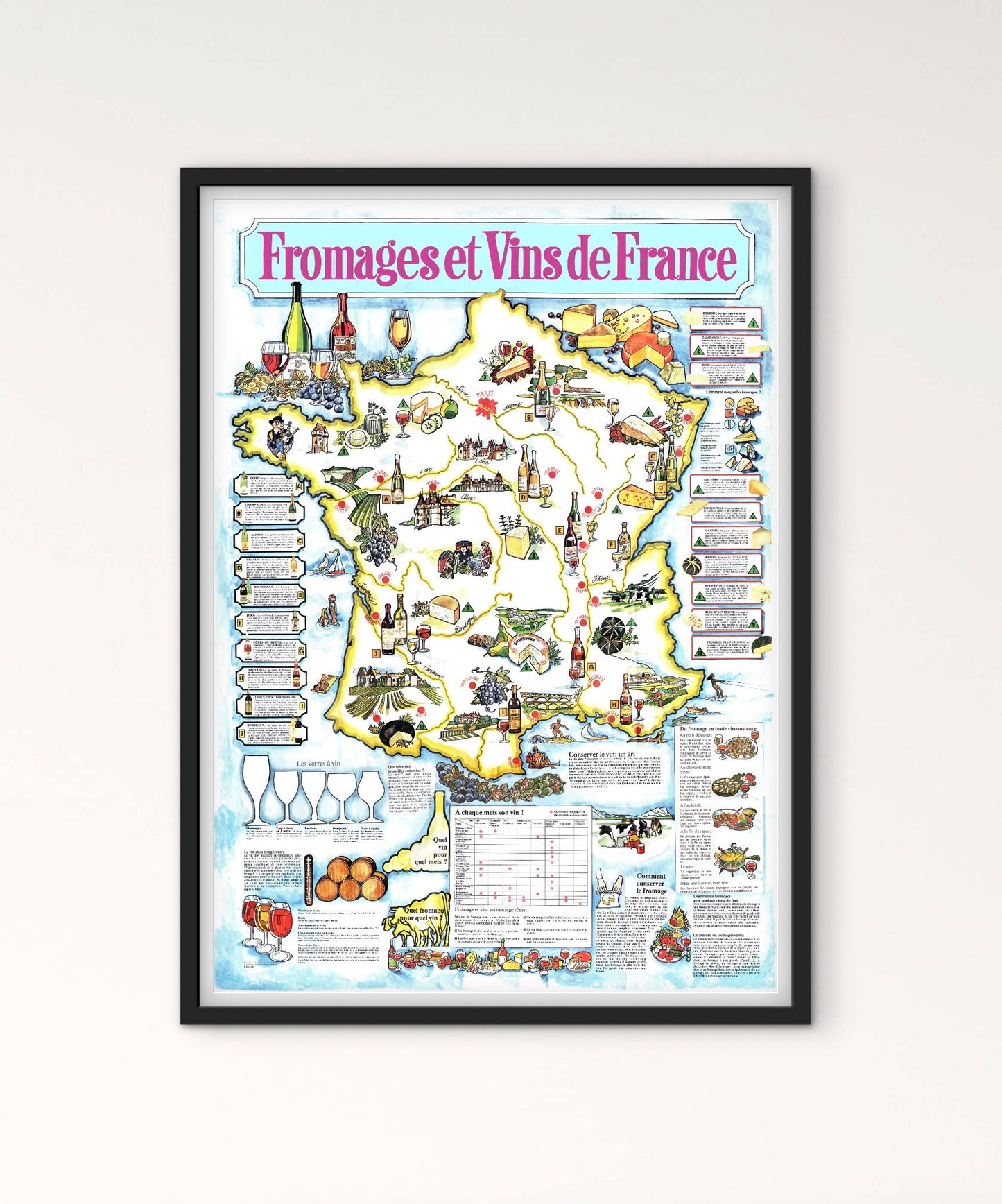 Affiche Fromages et vins de France carte de la France affichevintagefrance
