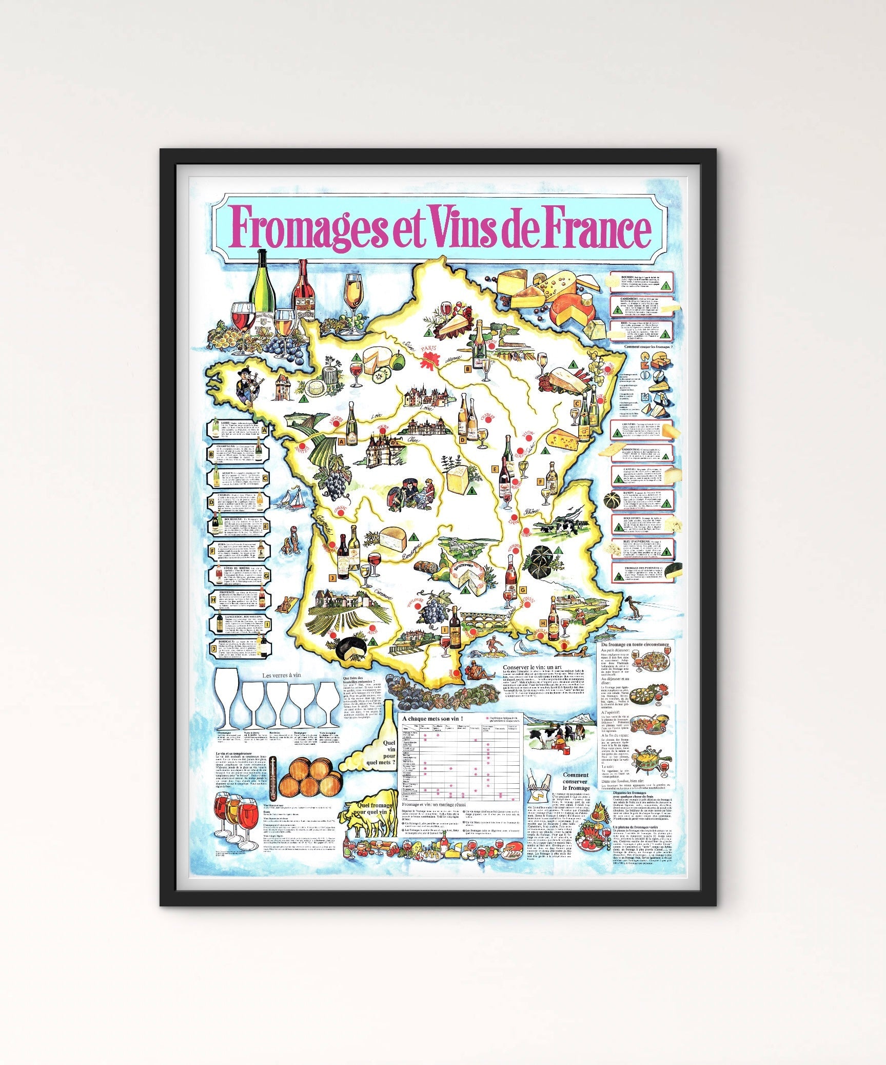 Affiche Fromages et vins de France carte de la France affichevintagefrance