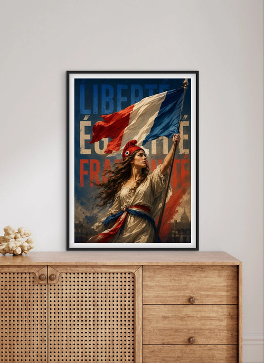 Affiche France Liberté Égalité Fraternité  Marianne au drapeau français Décoration murale patriotique  Art vintage français affichevintagefrance