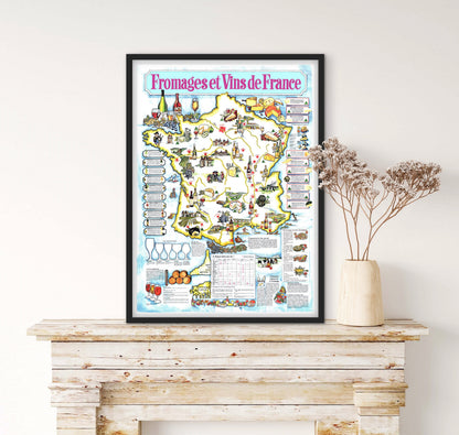 Affiche Fromages et vins de France carte de la France affichevintagefrance
