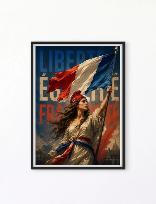 Affiche France Liberté Égalité Fraternité  Marianne au drapeau français Décoration murale patriotique  Art vintage français affichevintagefrance