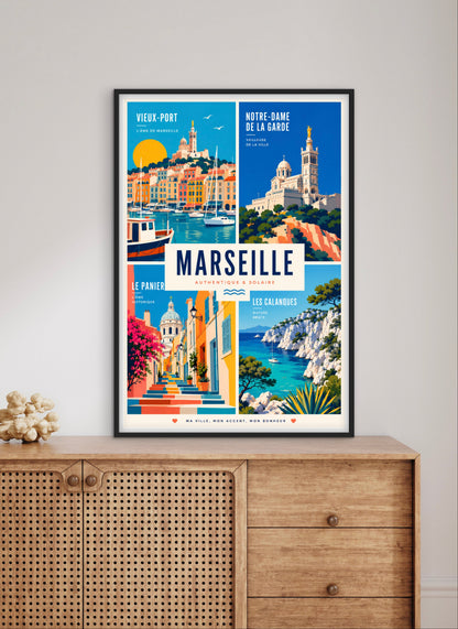 Affiche Marseille Vintage – Vieux-Port, Notre-Dame & Calanques affichevintagefrance