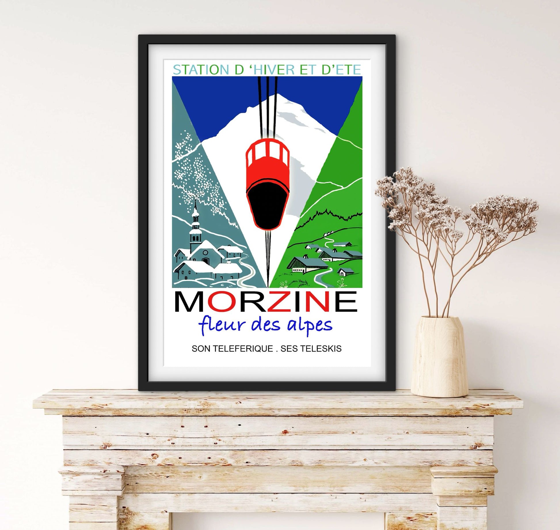 Affiche Morzine station Ski fleur des Alpes téléphérique affichevintagefrance