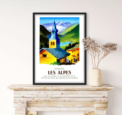 Affiche visitez les Alpes train autocar sncf affichevintagefrance