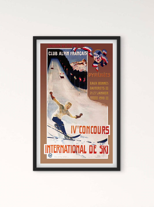 Affiche Pyrénées montagne club aplin français Cauterets Eaux Bonnes concours ski 1910 affichevintagefrance