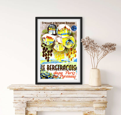 Affiche Bergeracois Bergerac étape Paris Pyrénées vignes vin affichevintagefrance