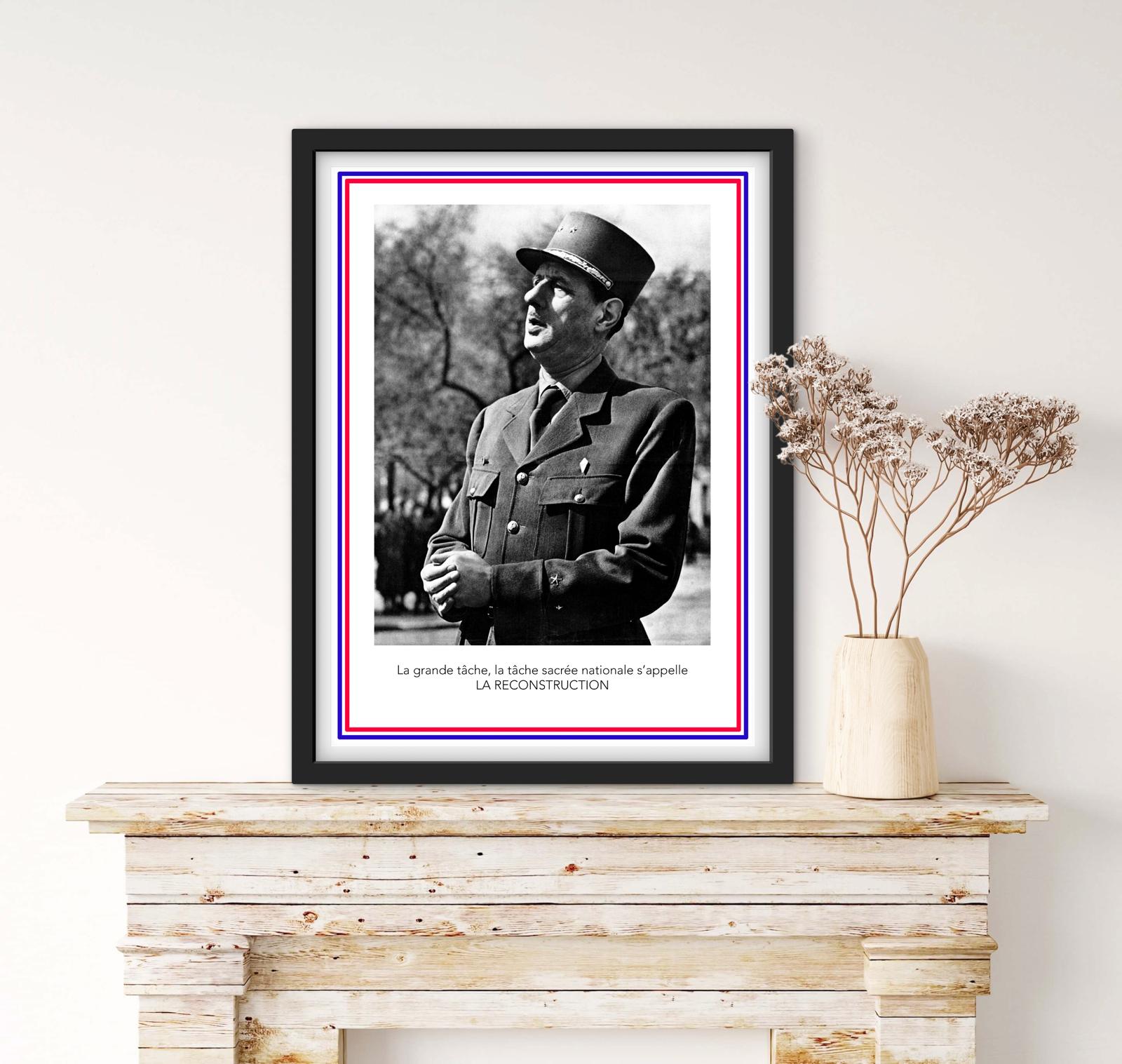 Affiche Général Charles de Gaulle reconstruction affichevintagefrance