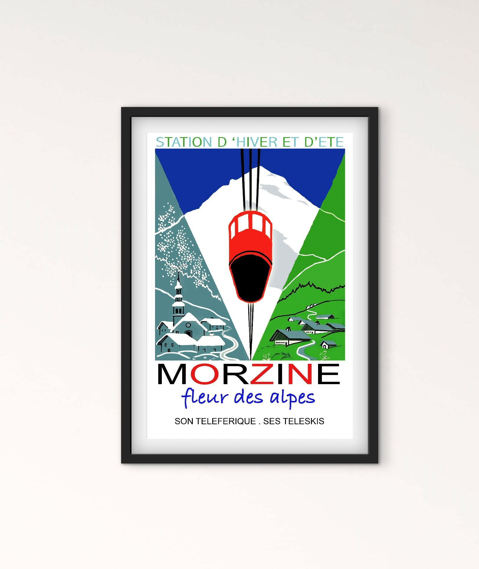 Affiche Morzine station Ski fleur des Alpes téléphérique affichevintagefrance