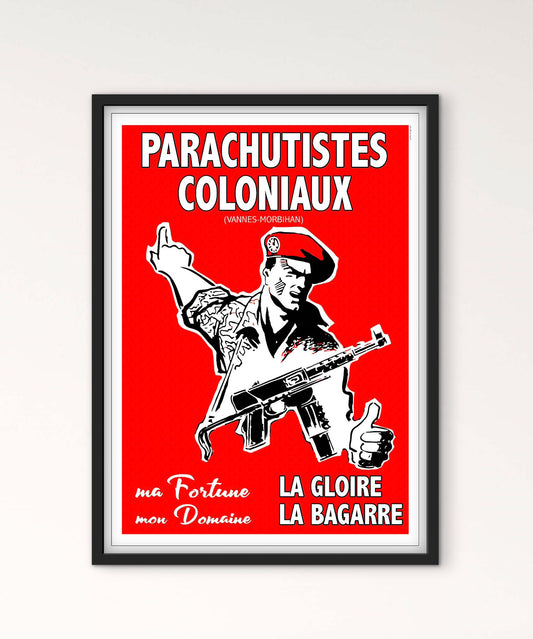 Affiche Commandos Parachutistes coloniaux militaire armé la gloire la bagarre rouge affichevintagefrance
