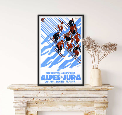 Affiche sports d'hiver Alpes et Jura air pur santé plaisir affichevintagefrance