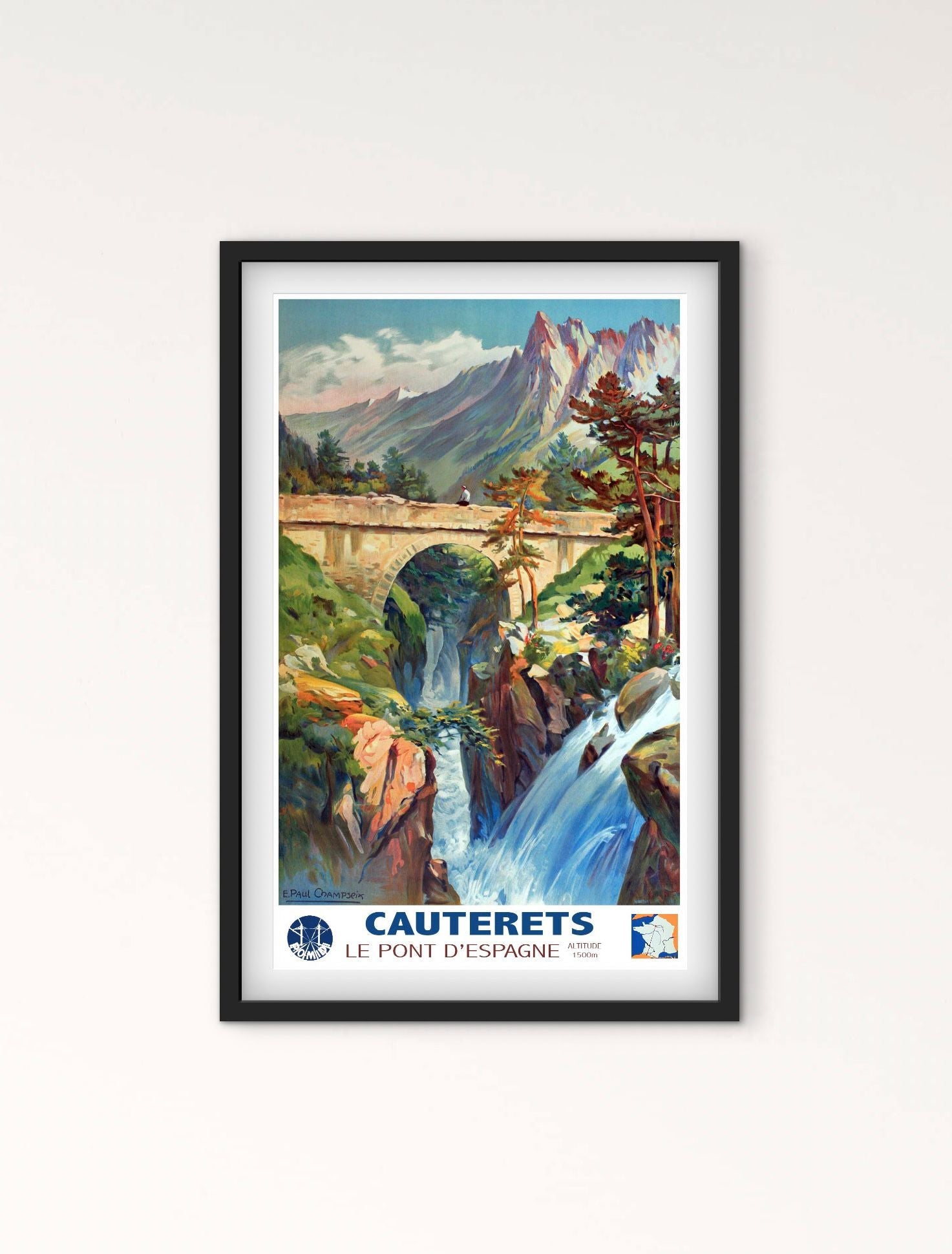 Affiche Ski France Pyrénées Cauterets pont d'Espagne affichevintagefrance