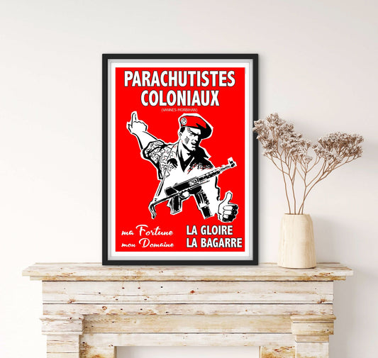 Affiche Commandos Parachutistes coloniaux militaire armé la gloire la bagarre rouge affichevintagefrance