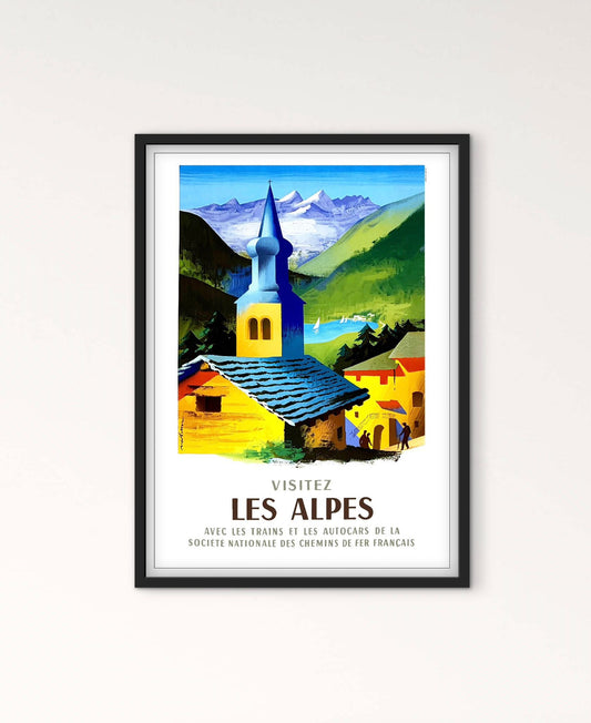 Affiche visitez les Alpes train autocar sncf affichevintagefrance
