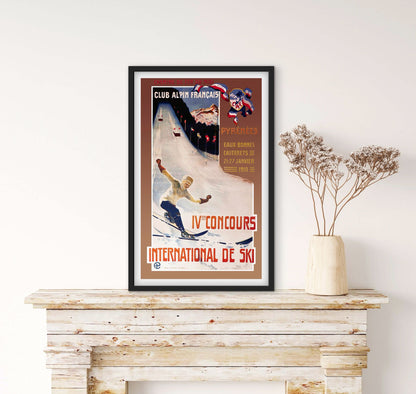Affiche Pyrénées montagne club aplin français Cauterets Eaux Bonnes concours ski 1910 affichevintagefrance