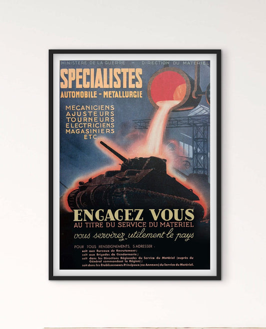 Affiche recrutement spécialistes mécanicien métallurgie automobile engagez vous dans l'armée