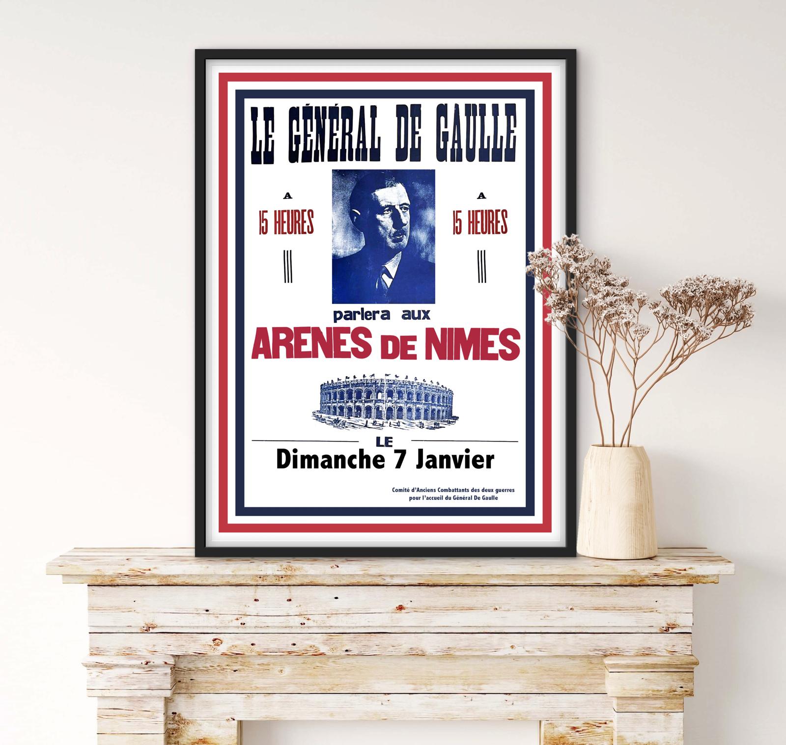 Affiche Général Charles de Gaulle arènes de Nîmes affichevintagefrance