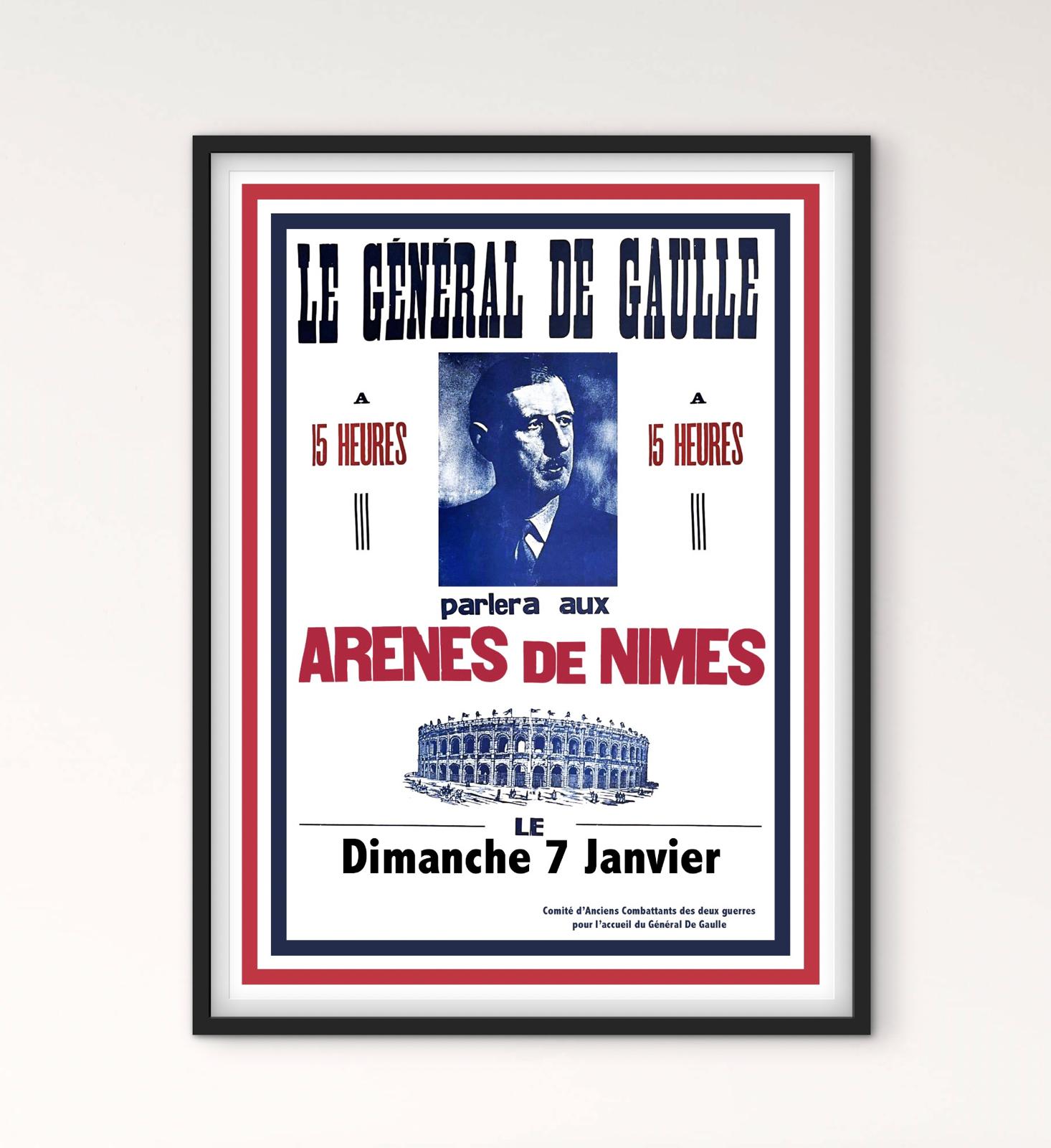Affiche Général Charles de Gaulle arènes de Nîmes affichevintagefrance